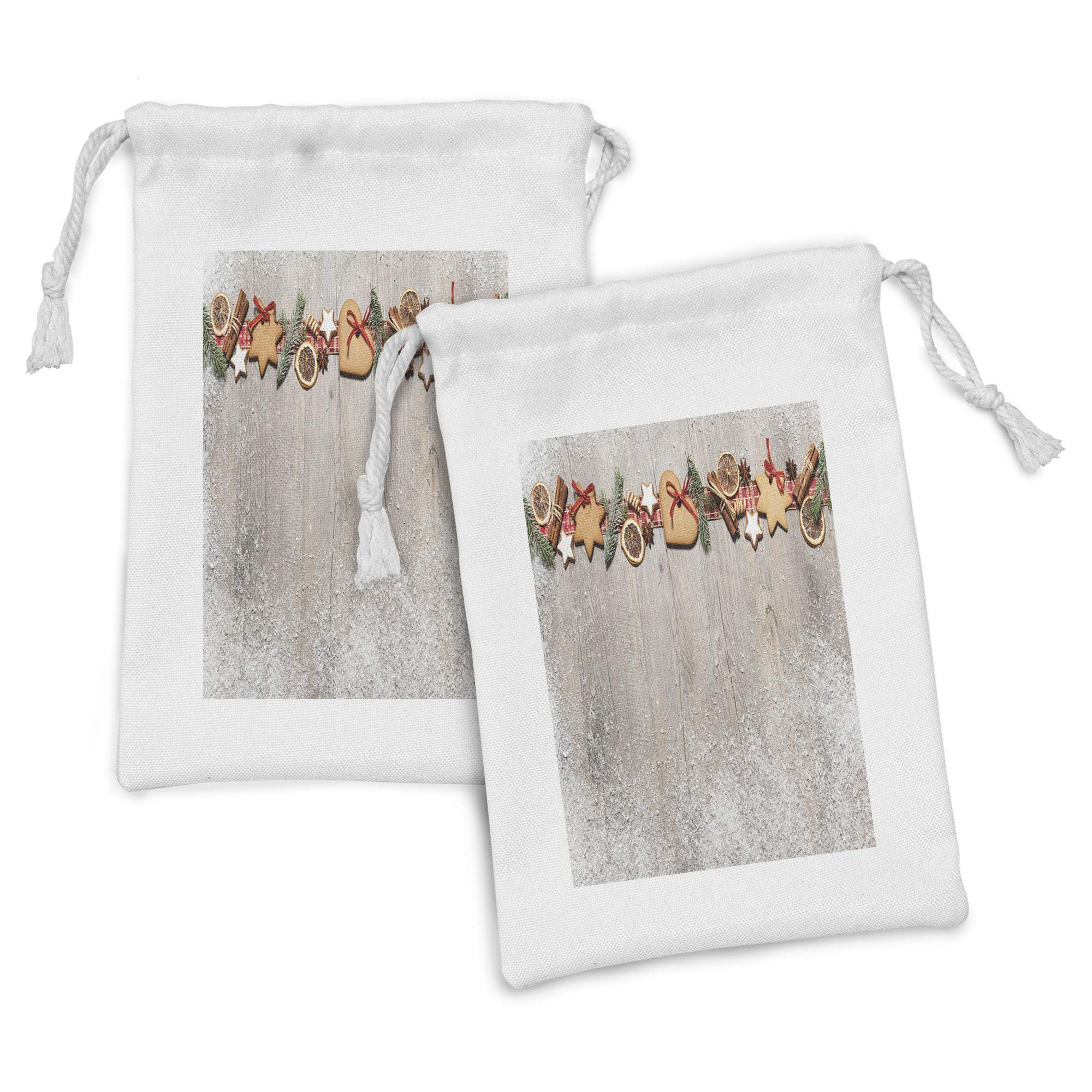 Ambesonne Christmas Cookie Fabric Pouch Set of 2 - Holiday Drawstring Bags with Fir Branches & Biscuits Design (9