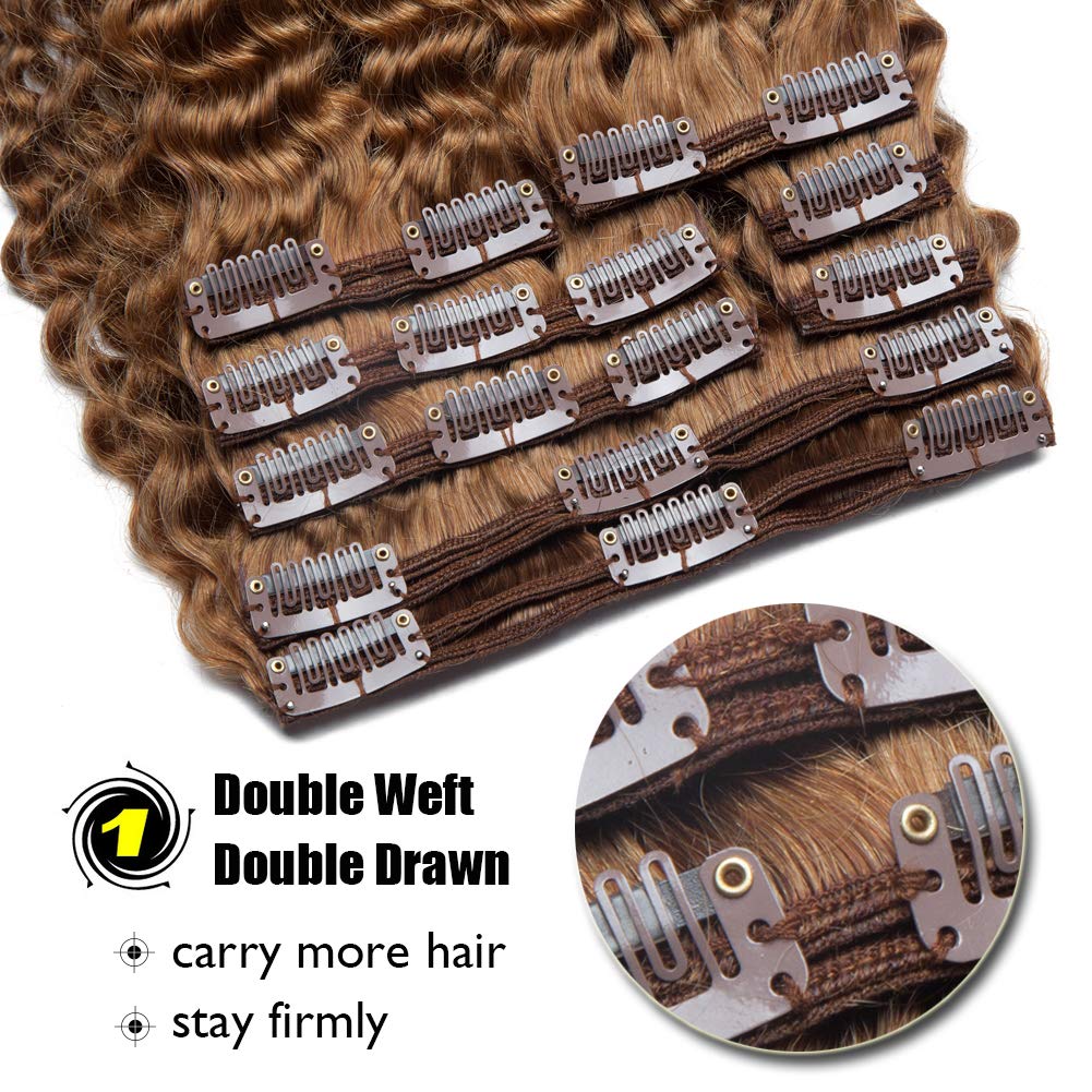 Benehair 22inch 120g Kinky Curly Clip-in Hair Extensions - 100% Human Hair for Black Women | Afro 3B/3C Natural Hair | Double Weft Thick Coil Brazilian Hair in Light Auburn (8pcs/18 Clips) - Perfect for Parties, Weddings & Daily Styling