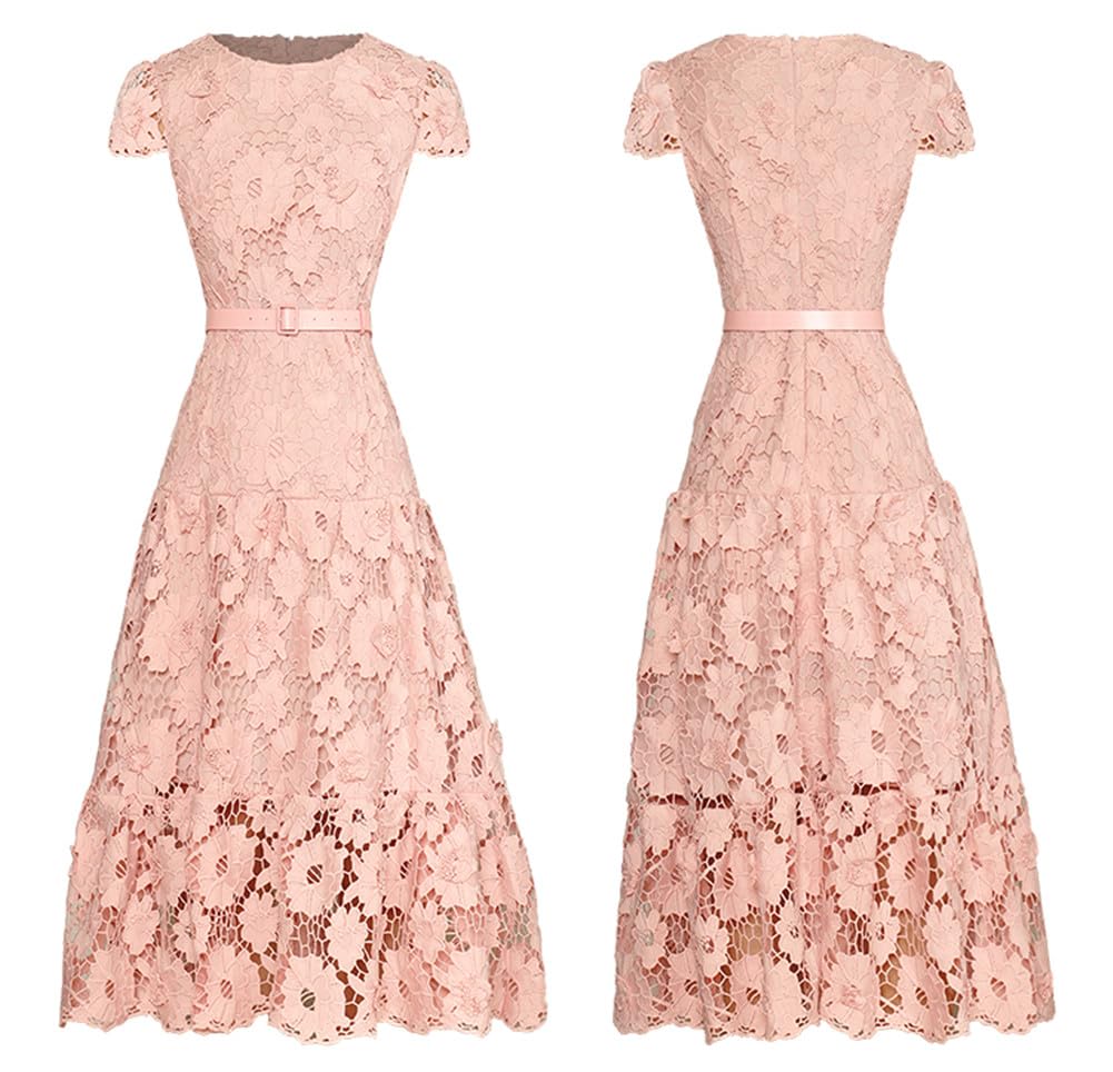 Elegant Women's Crewneck Hollow Out Lace Dress with Water-Soluble Floral Details - Perfect for Cocktail Parties, Evening Events & Special Occasions
