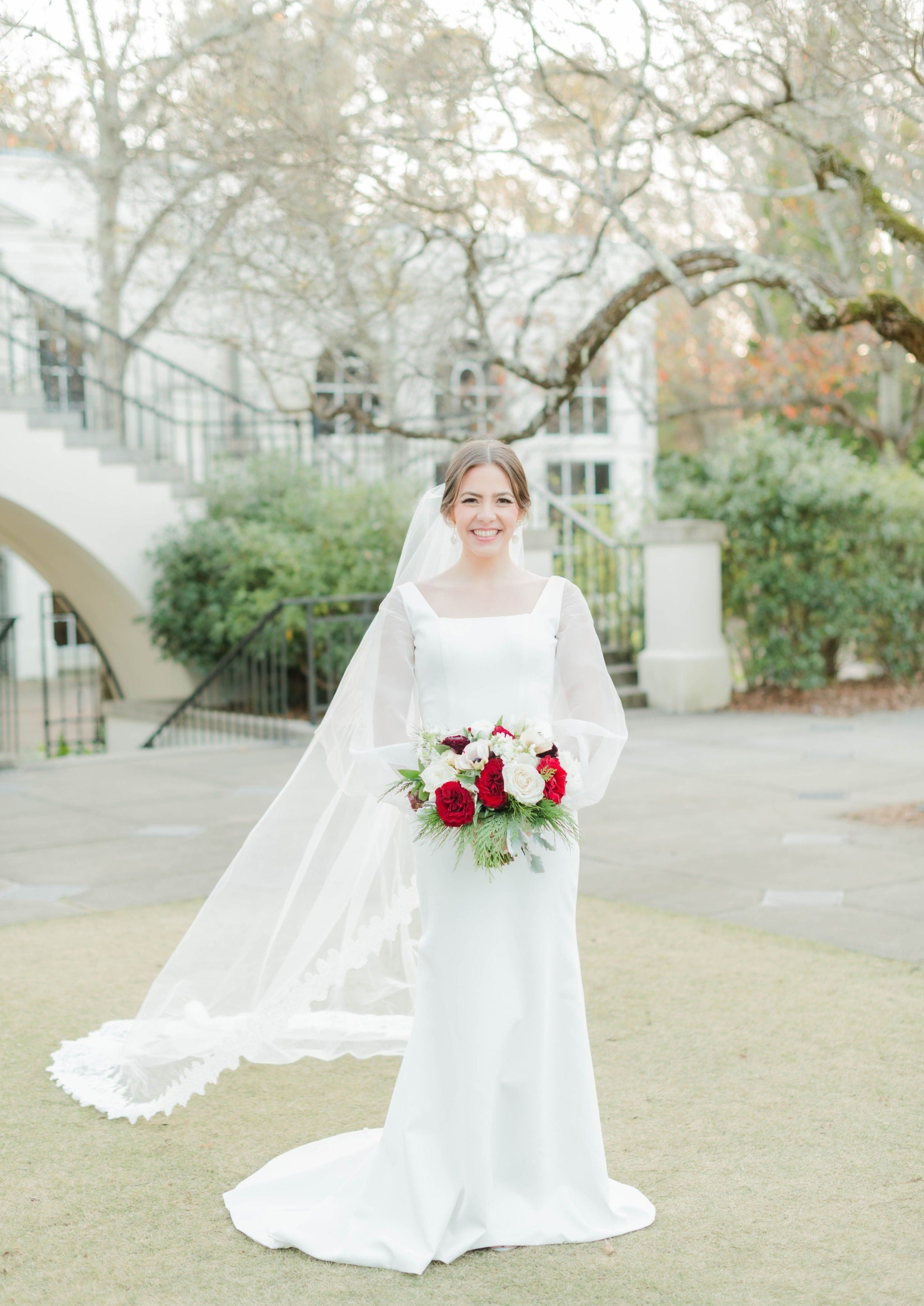 Elizabeth Lace Long Veil - Elegant Cathedral Wedding Veil with Floral Appliques | Perfect for Bridal Gowns, Formal Weddings & Photo Shoots