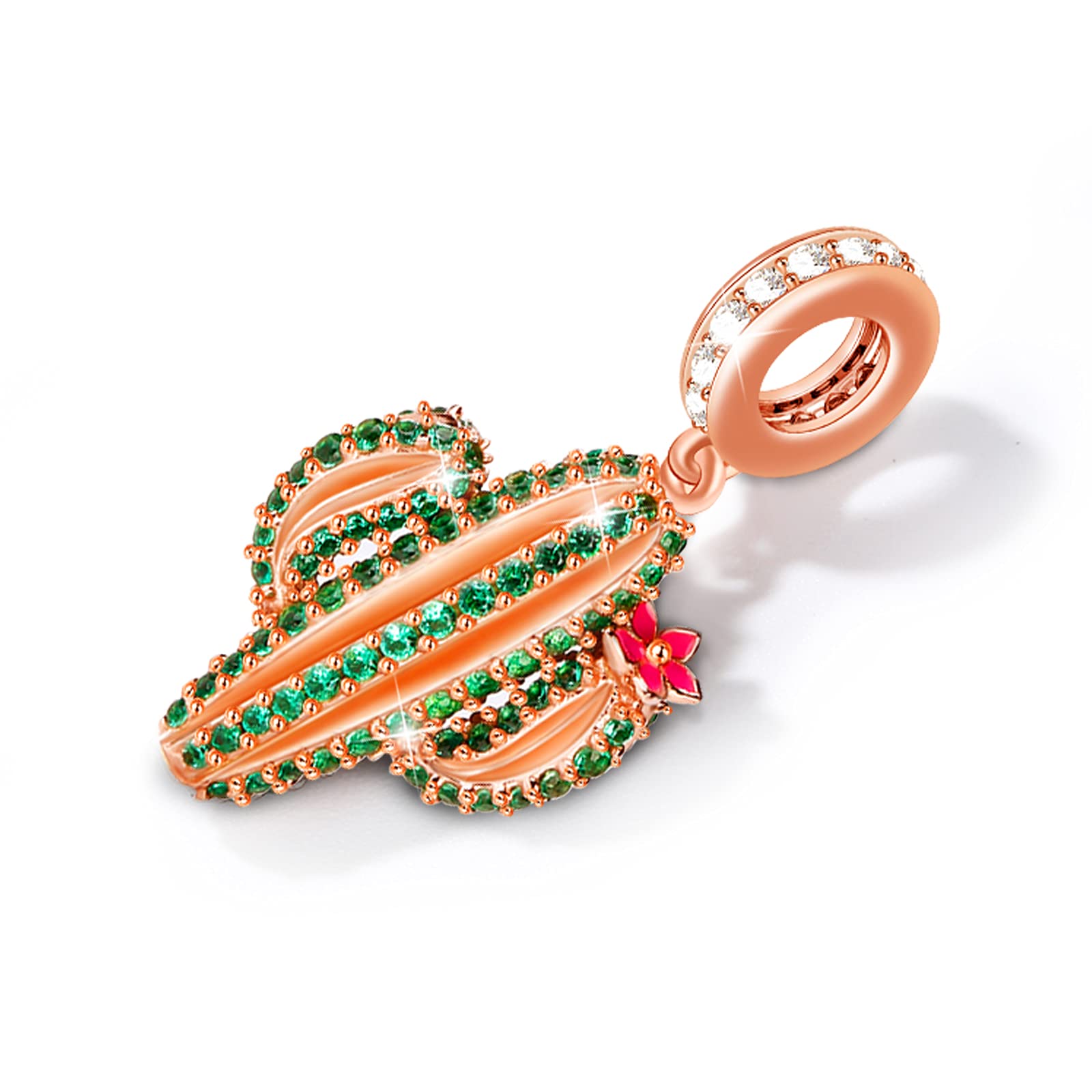 GNOCE 925 Sterling Silver Cactus Charm Beads for Bracelets & Necklaces - Rose Gold Plated with Green Cubic Zirconia, Unconditional Love Dangle Charm - Perfect for Christmas Gifts, Boho Jewelry & Everyday Wear