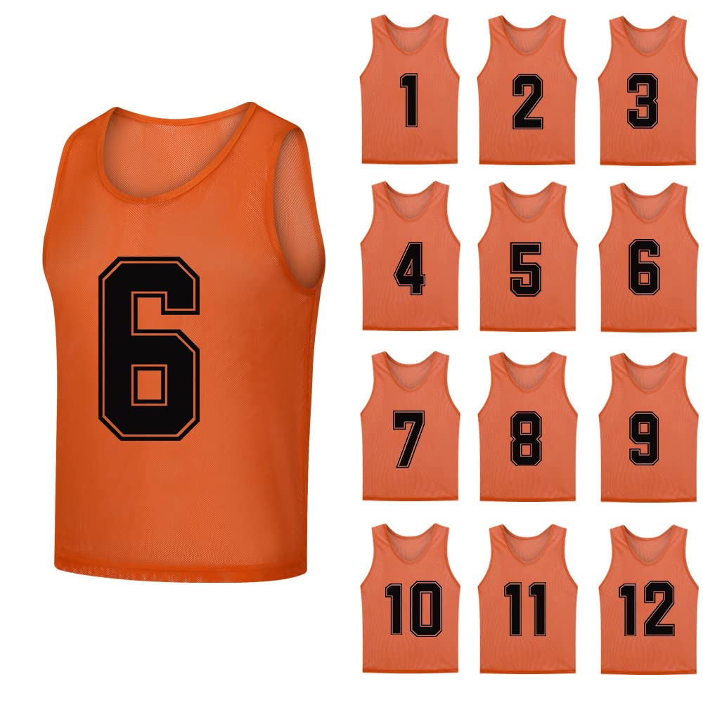 SHIJIXING 12 Pack (1-12) Numbered Soccer Training Bibs & Basketball Jerseys for Kids, Youth & Adults - Reversible Sports Pinnies for Team Practice, Gym Class & Field Games