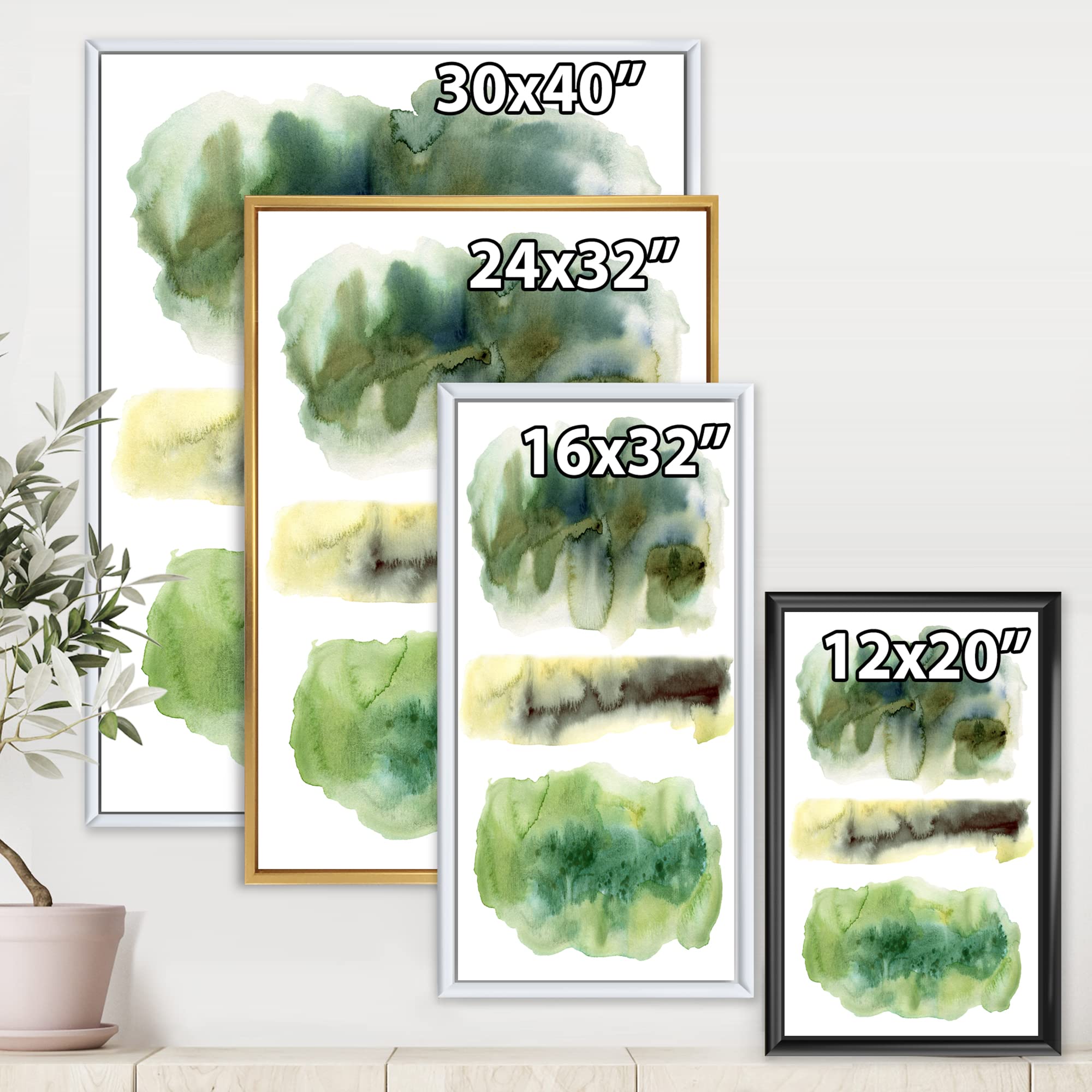 DesignQ Golden Green Abstract Clouds With Blue Points III - Modern Framed Canvas Wall Art Print for Living Room, Bedroom & Office Decor