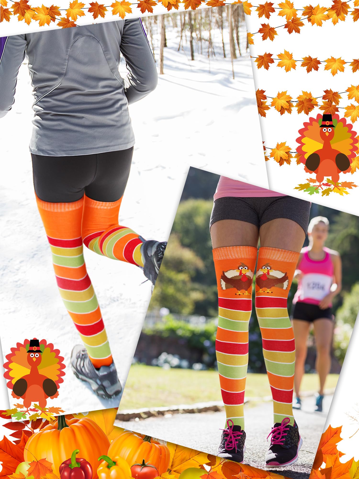 Liitrsh 4 Pairs Turkey Themed Over The Knee Socks - Fall Thanksgiving Striped Fuzzy Stockings for Women - Perfect for Running, Gifts & Holiday Outfits