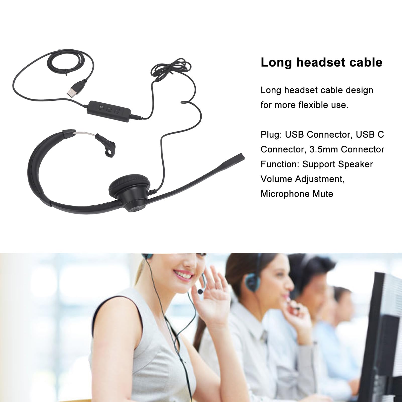 Noise Cancelling USB Headset with Microphone - Single Ear Headphone for PC, Laptop, Phone & Tablet - Includes USB to USB-C Adapter - Perfect for Home Office, Call Centers & Remote Work