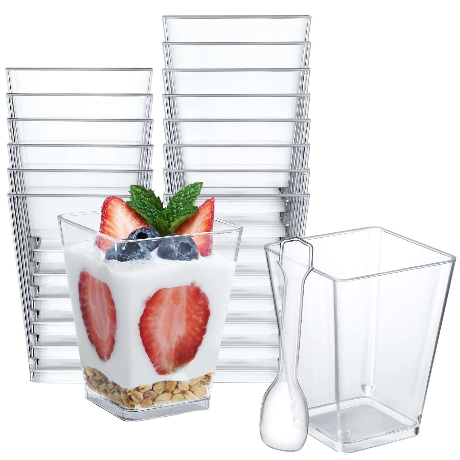SHOPDAY 100-Pack 5 oz Clear Square Plastic Dessert Cups with Spoons - Small Parfait Cups for Tasting Party, Appetizers, Mousse, Yogurt - Perfect for Catering, Events & Home Dessert Serving