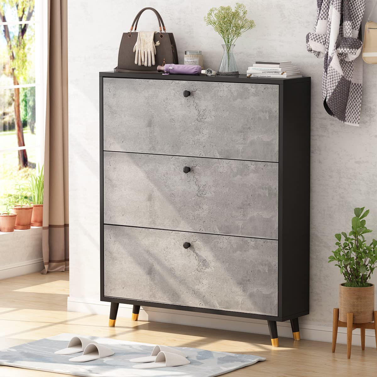 AIEGLE 3-Tier Flip-Down Shoe Storage Cabinet - Modern Entryway Shoe Organizer with Solid Wood Legs, Space-Saving Shoe Rack for Hallway, Closet or Bedroom (39.4