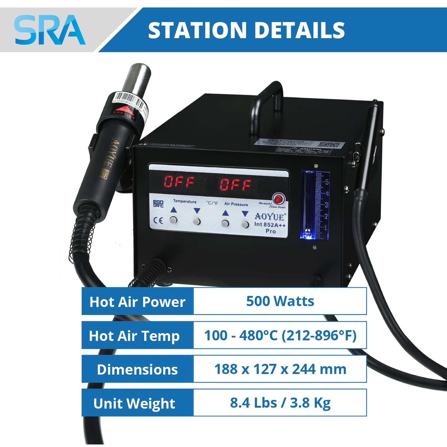 Aoyue 852A++ Digital SMD Hot Air Rework Station with LCD Display - Professional Soldering & Desoldering Tool for Electronics Repair, PCB Work, and DIY Projects