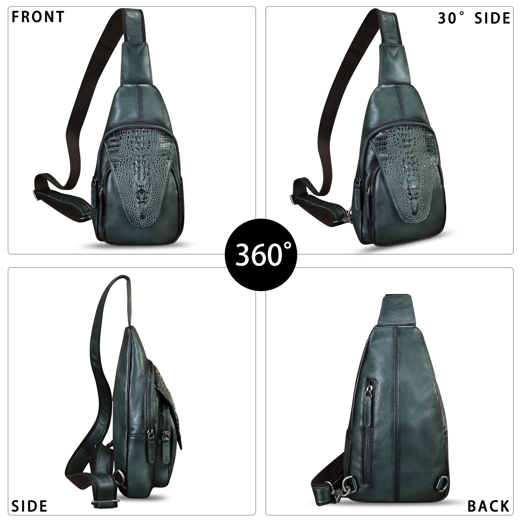 **Genuine Leather Sling Bag for Men & Women – Embossed Crocodile Pattern Crossbody Backpack, Handmade Chest Purse Daypack – Dark Grey – Perfect for Travel, Work & Daily Use**