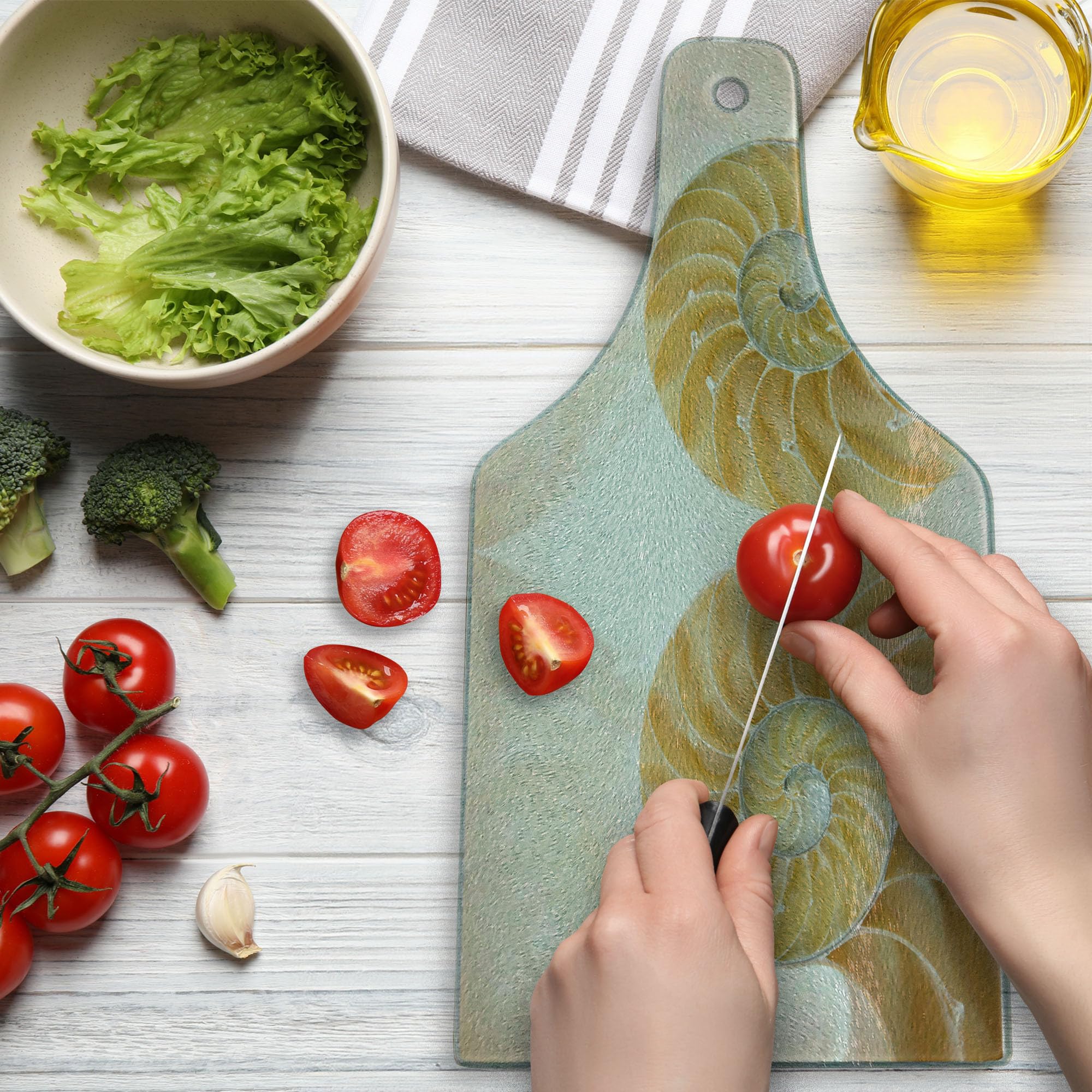 Ambesonne Seashells Cutting Board - 2-Sided Geometric Mirrored Symmetric Design, Tempered Glass Serving Board for Kitchen & Dining - Wine Bottle Shape in Cream White - Perfect for Cheese, Charcuterie & Wine Pairing