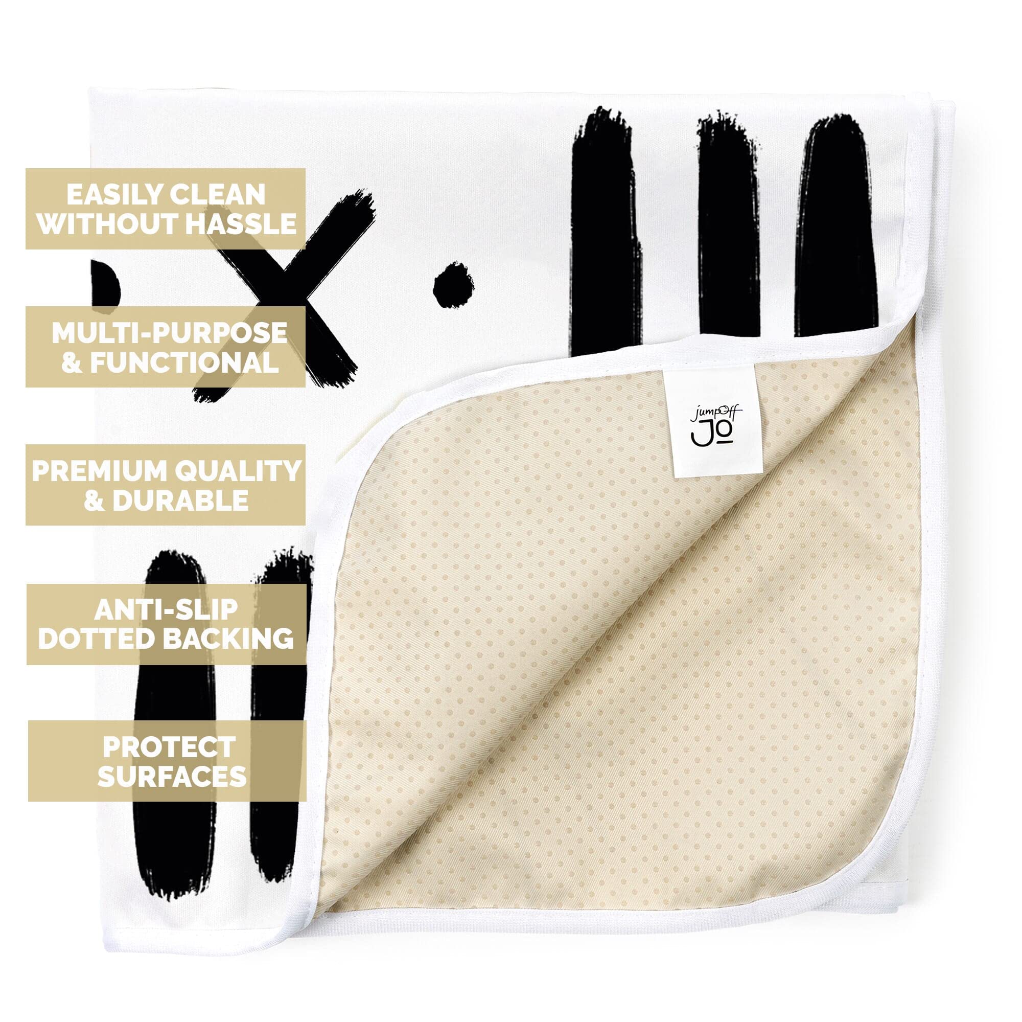 JumpOff Jo - Large 51x51 Inch Waterproof & Washable Baby Splat Mat for High Chairs, Booster Seats & Tables - Protects Floors & Carpets from Food Spills, Messy Crafts - Black & White Design - Perfect for Mealtime, Arts & Crafts, Playtime