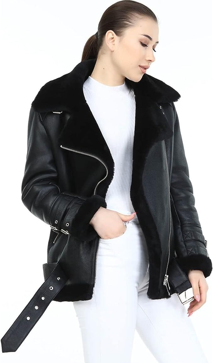 Women's Shearling Coat - Soft & Warm Winter Jacket with Real Fur Trim, XX-Large Black Outerwear for Cold Weather | Cozy Fashion for Everyday Wear & Outdoor Activities