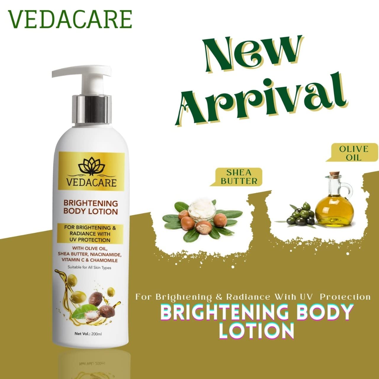 Vedacare Brightening Body Lotion 200ml with Niacinamide, Olive Oil, Shea Butter & Vitamin C - Skin Lightening, Moisturizing & Sun Protection for Hyperpigmentation - Perfect for Daily Use, After Sun Care & Evening Skincare Routine