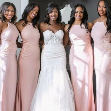 Elegant Blush Pink Halter Mermaid Bridesmaid Dresses - Floor-Length Formal Gown for Weddings & Special Events (WG362) | Perfect for Bridal Party, Prom & Evening Occasions