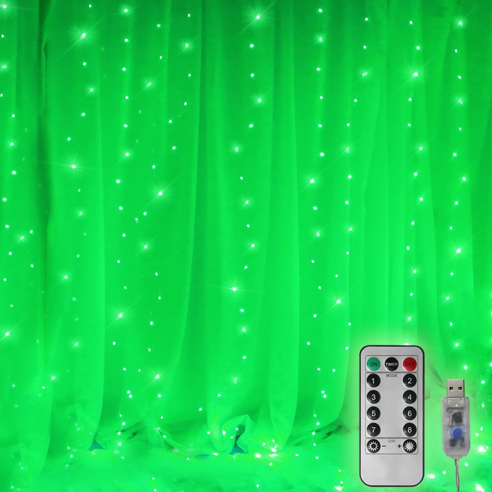 300 LED Curtain String Lights with Remote Control - USB Powered Fairy Lights for Christmas, Bedroom, Home, Xmas Tree & St. Patrick's Day Decor - 8 Lighting Modes, 9.8ft x 9.8ft Green Backdrop Lights - Perfect for Parties, Weddings & Indoor/Outdoor Holiday Decorations
