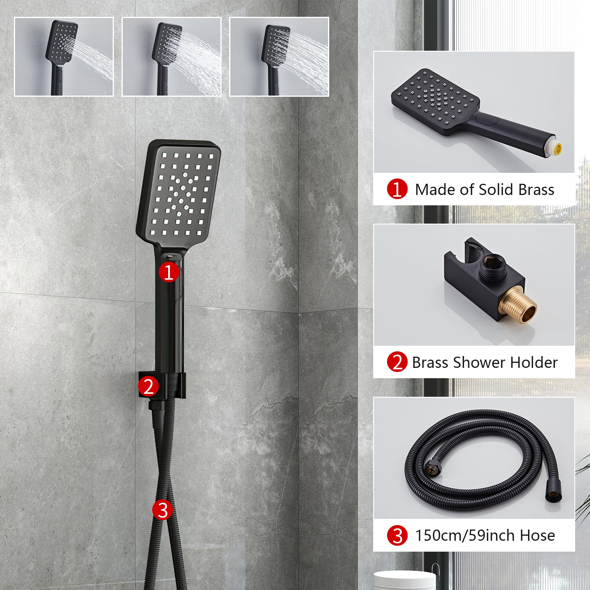 Premium Matte Black Shower Faucet Set - 10 Inch Square Rainfall Shower Head, 3-Function Handheld Shower & Waterfall Bathtub Spout - Complete Wall Mounted Bathroom Shower System for Luxurious Spa Experience at Home
