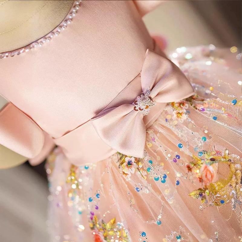 Elegant Pink Waist Bow Puff Princess Dress for Baby Girls - Sparkly Sequined Toddler Birthday Party Dress | Perfect for Birthday Parties, Photo Shoots & Special Occasions