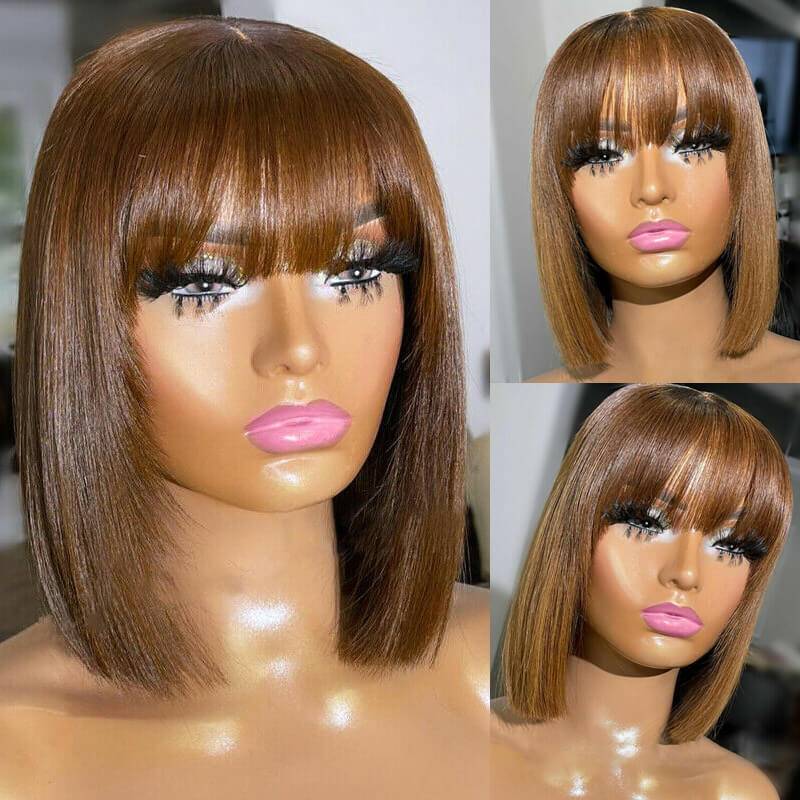 Eullair Short Bob Wig with Layered Cut Bangs - Glueless Straight Human Hair Lace Closure Wig (4x4 & 5x5) - Perfect for Cosplay, Daily Wear & Fashion Styling