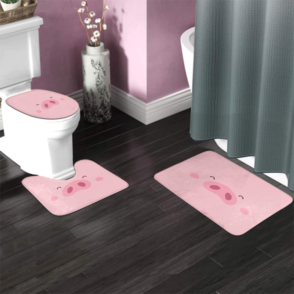 Cute Pink Piggy Bath Mat Set - Non-Slip 3-Piece Bathroom Rug with Smile Eyes & Polka Dots - Includes Toilet Lid Cover & Anti-Skid Pad for Kids & Adults - Perfect for Bathroom, Nursery, or Farmhouse Decor