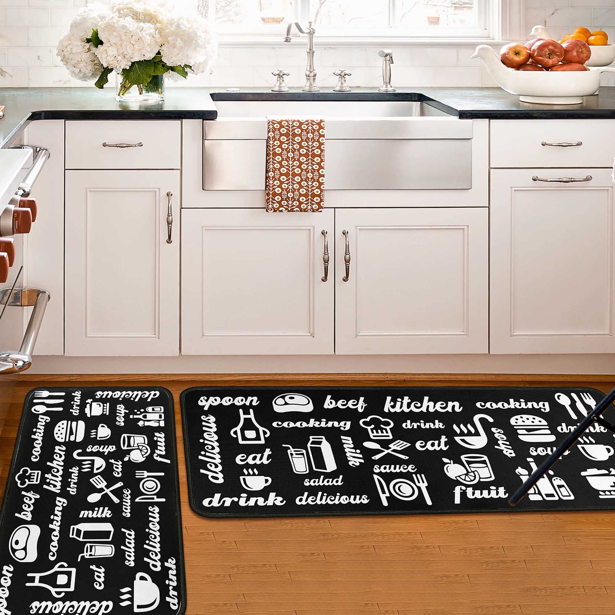 Black Kitchen Rugs Set of 2 - Non-Slip Washable Kitchen Floor Mats & Doormat Runner Rug - 17