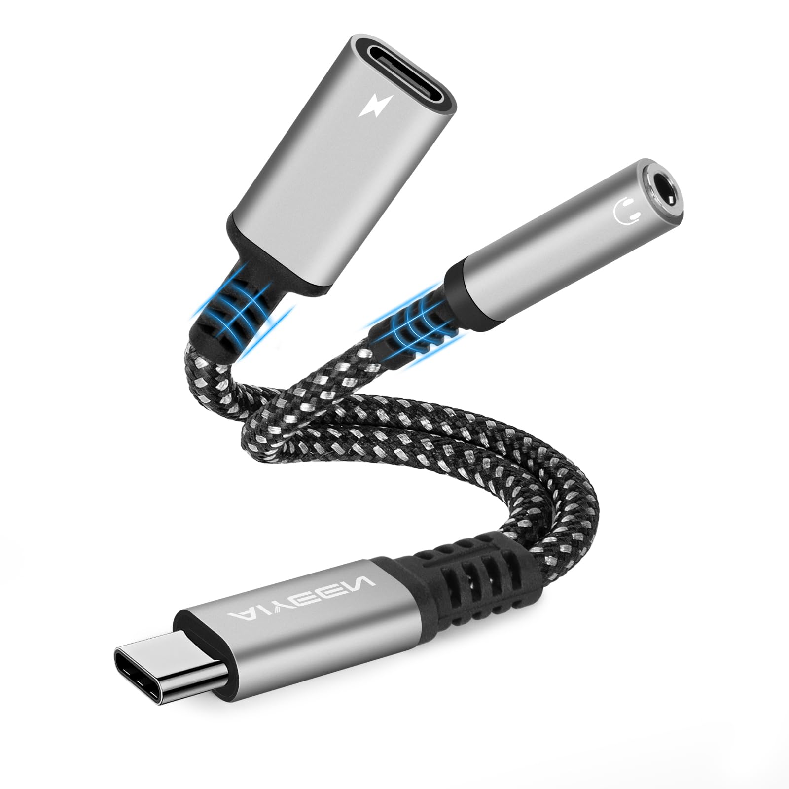 AIYEEN 2-in-1 USB C to 3.5mm Headphone Jack & 60W PD Fast Charger Adapter - Compatible with Google Pixel, Samsung Galaxy - Gray - Perfect for Travel, Work & Gaming