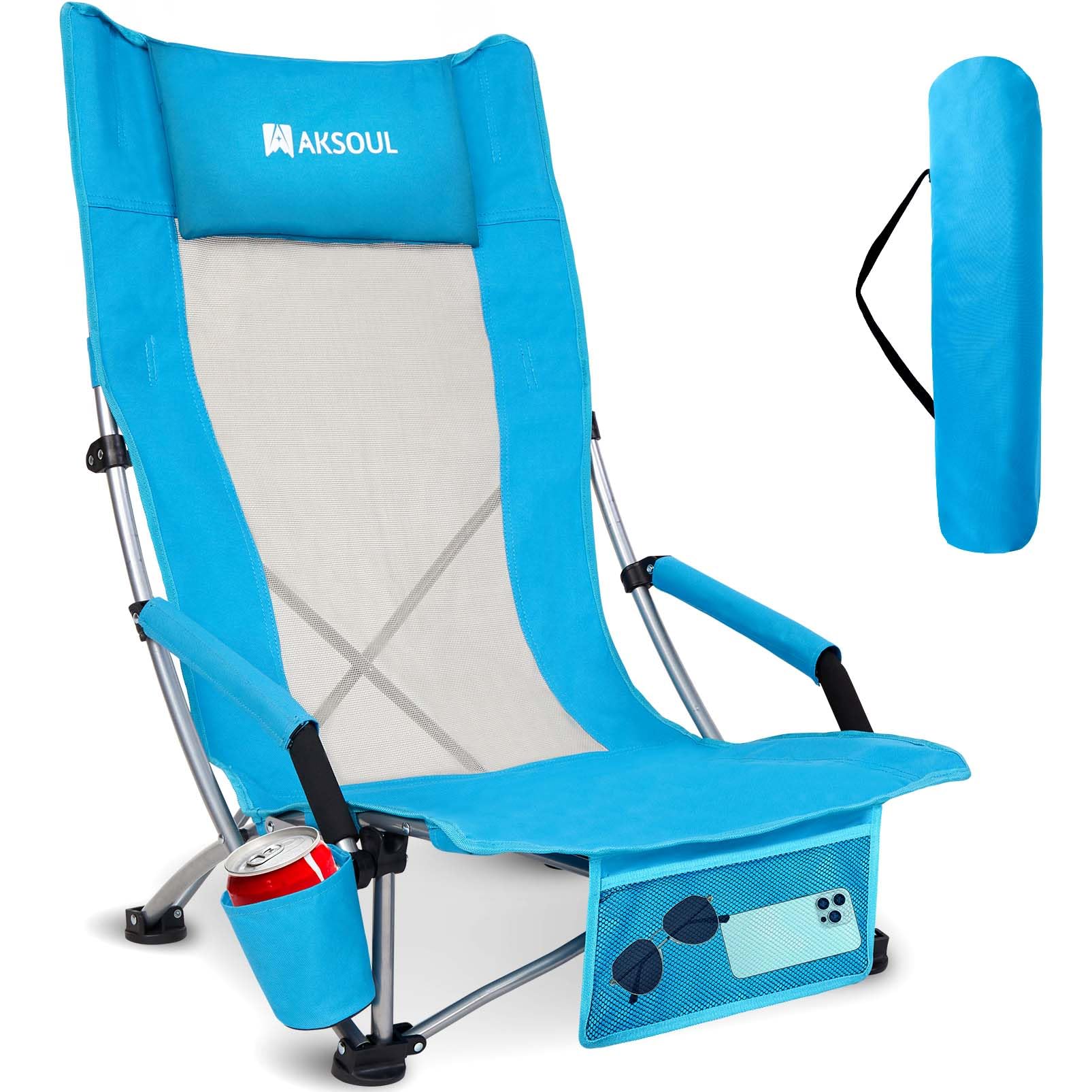 AKSOUL Portable Folding Beach Chair for Adults - Adjustable High/Low Back, Extra Wide Seat with Comfortable Pillow & Storage Pocket - Includes Carry Bag (1 Pack & 2 Pack, Blue) - Perfect for Beach, Camping, Picnics, Backyard & Outdoor Relaxation