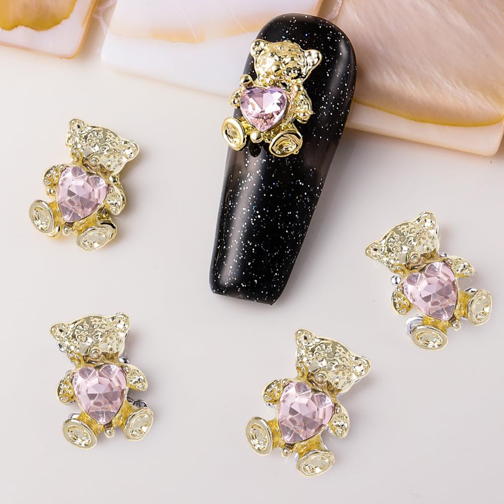 3D Gold Bear Heart Nail Art Charms with Pink Rhinestones - Cute Valentine's Day Nail Gems for Acrylic Nails, DIY Nail Art Supplies (10Pcs) - Perfect for Valentine's Day Gifts, Nail Salon Decorations, and DIY Nail Art Projects