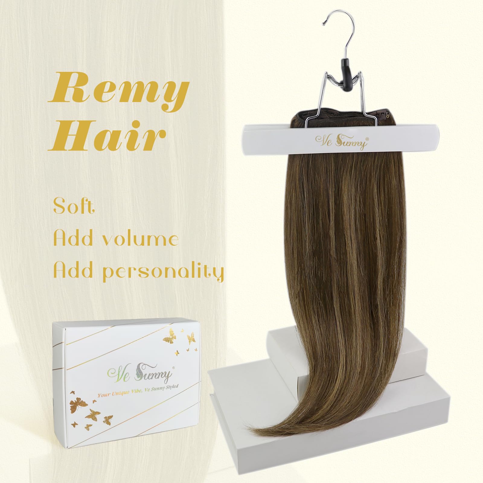 Ve Sunny 22 Inch Balayage Clip-in Human Hair Extensions - Dark Brown to Caramel Blonde Ombre (7pcs/120g) for Long Hair | Perfect for Parties, Weddings & Daily Styling