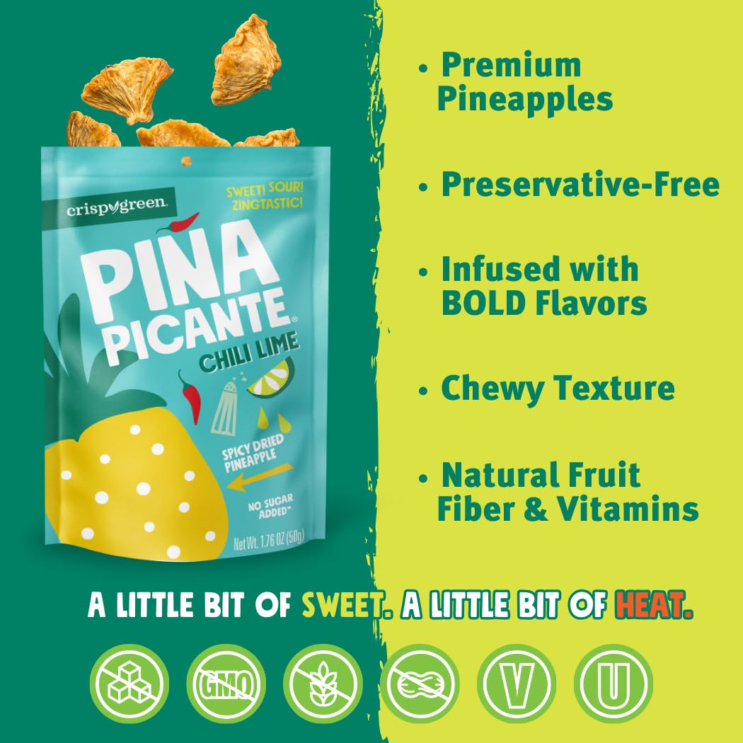 **Spicy Chili Lime Dried Pineapple Snacks - Crispy Green Piña Picante, 1.76oz (12 Single-Serve Bags) | Healthy Real Fruit Snack for On-the-Go, Office, Hiking & Travel**