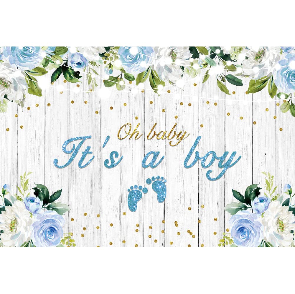 Yeele 7x5ft Baby Shower Backdrop - Blue & White Floral Woodland Theme with Footprints for Gender Reveal, Newborn Photo Shoot, Birthday Party Decorations | Perfect for Cake Smash Photos, Nursery Wall Decor & Boy's First Birthday Party