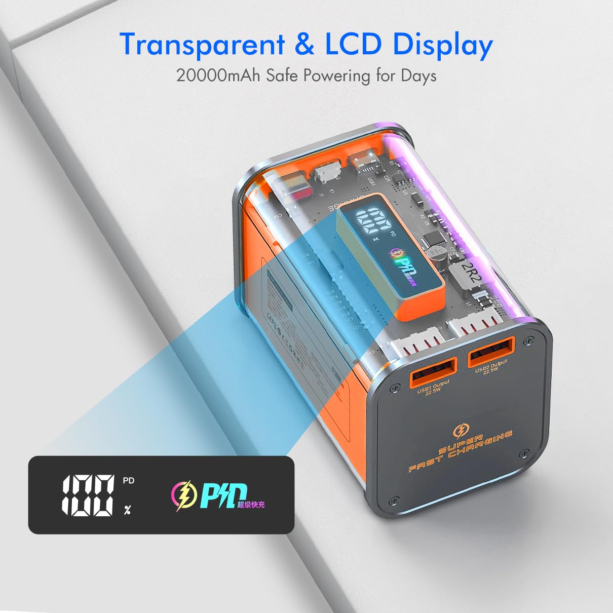 SlaBao 20000mAh Transparent Power Bank with LED Display - 22.5W PD Fast Charging Portable Charger, USB C Phone Charger for iPhone, Android, Samsung, iPad, AirPods - Perfect for Travel, Camping, and Emergency Power Backup