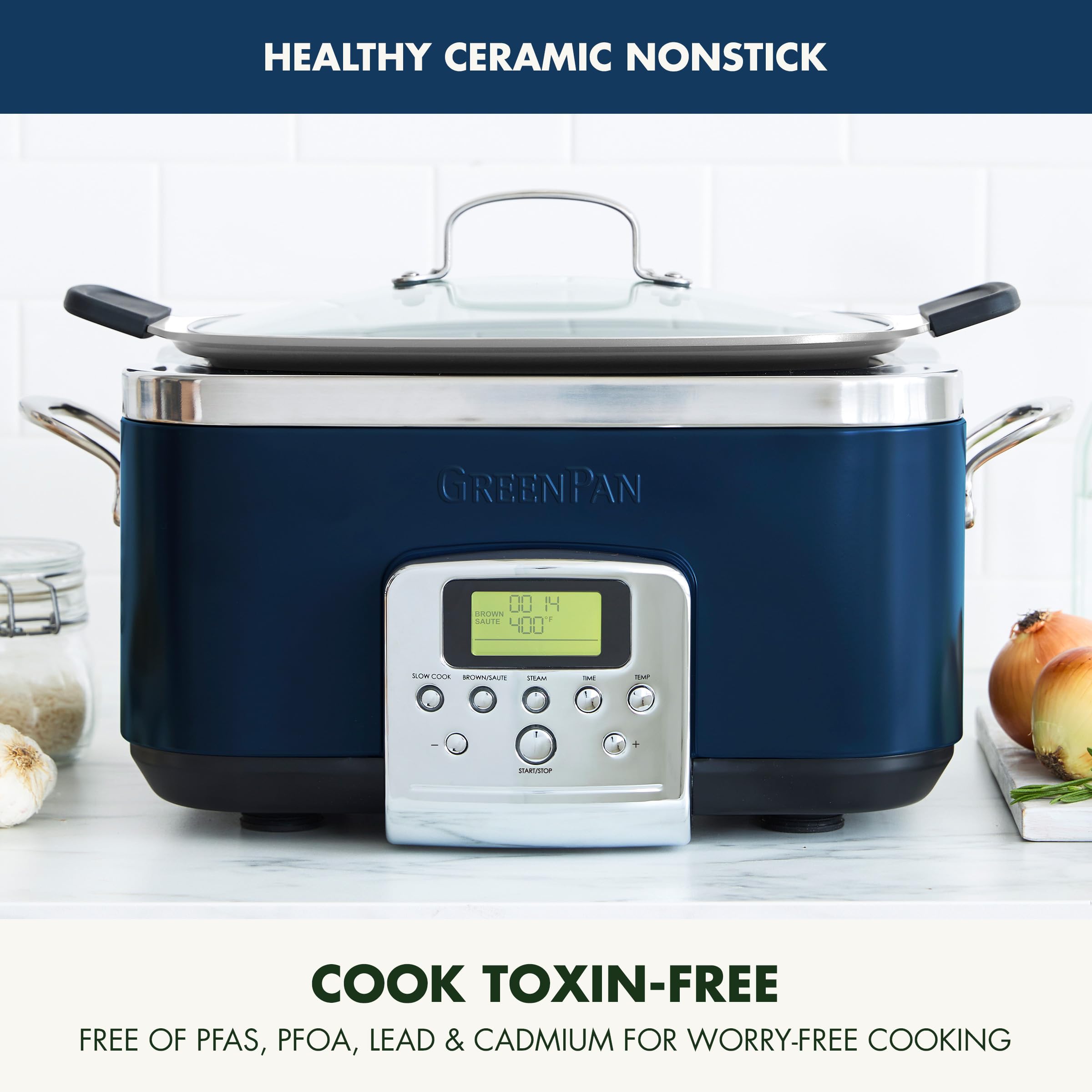 GreenPan Elite 8-in-1 Programmable 6QT Electric Slow Cooker with Dishwasher Safe Lid & Removable Crock - PFAS-Free Healthy Ceramic Nonstick Multi-Cooker for Searing, Sautéing, Steaming, Roasting - Perfect for Family Dinners & Meal Prep (Oxford Blue)