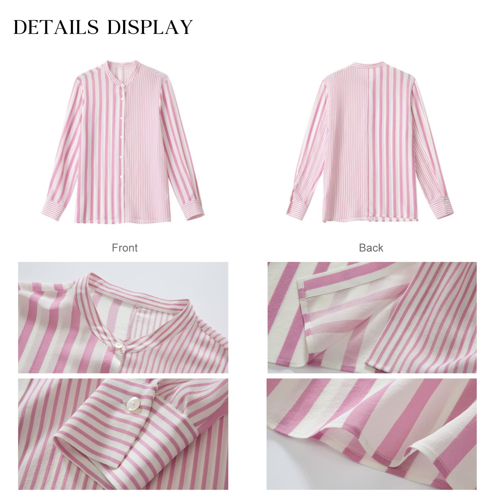 COLD POSH Women's 100% Pure Silk Blouse - Long Sleeve Button Down Shirt for Spring & Summer | Elegant Soft Classic Fit Fashion Top for Work & Casual Wear | White & Pink Striped | Perfect for Office, Date Night & Special Occasions
