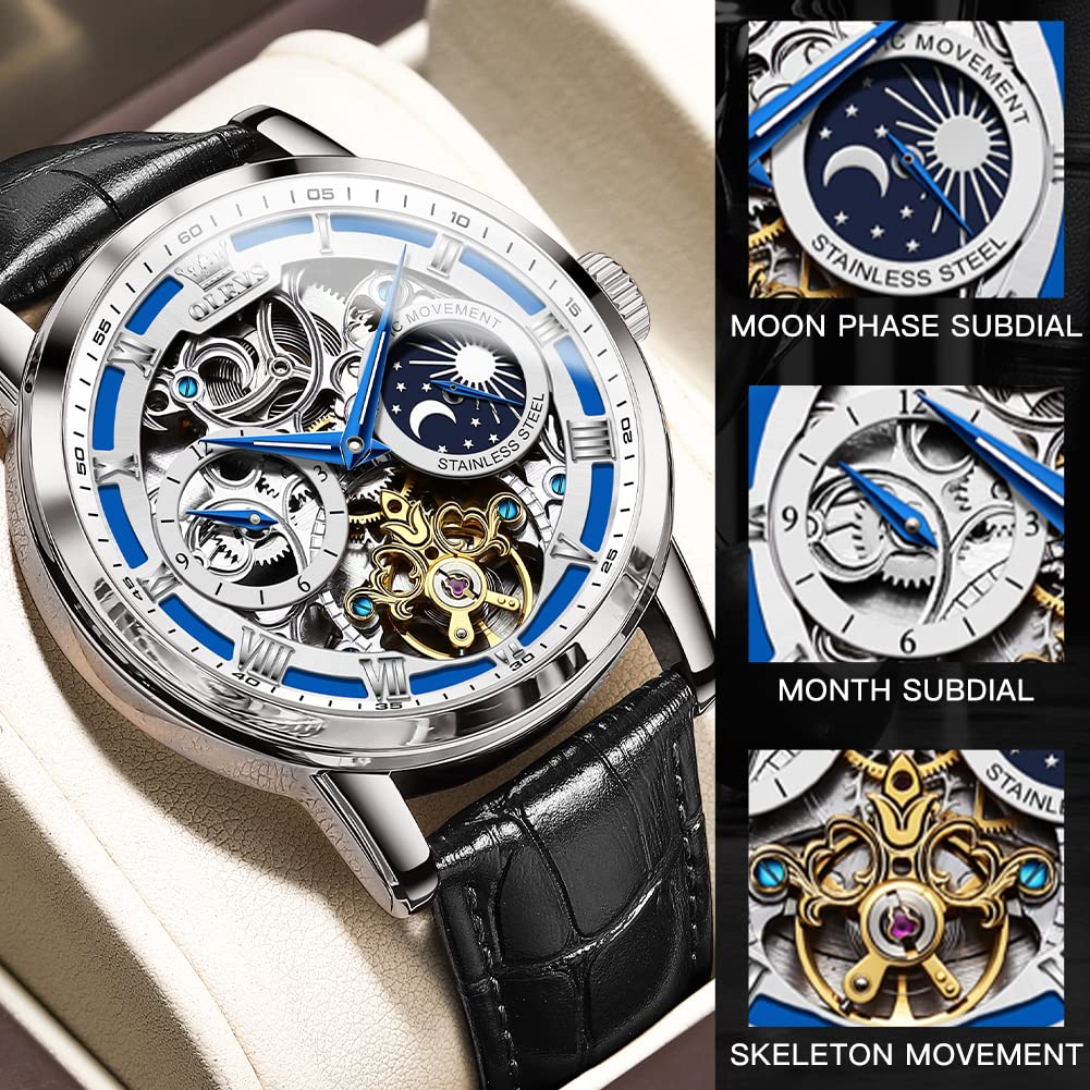 OLEVS Men's Automatic Skeleton Watch - Self-Winding Tourbillon with Moon Phase, Luminous Hands, Waterproof Leather Strap Dress Watch for Business & Formal Occasions