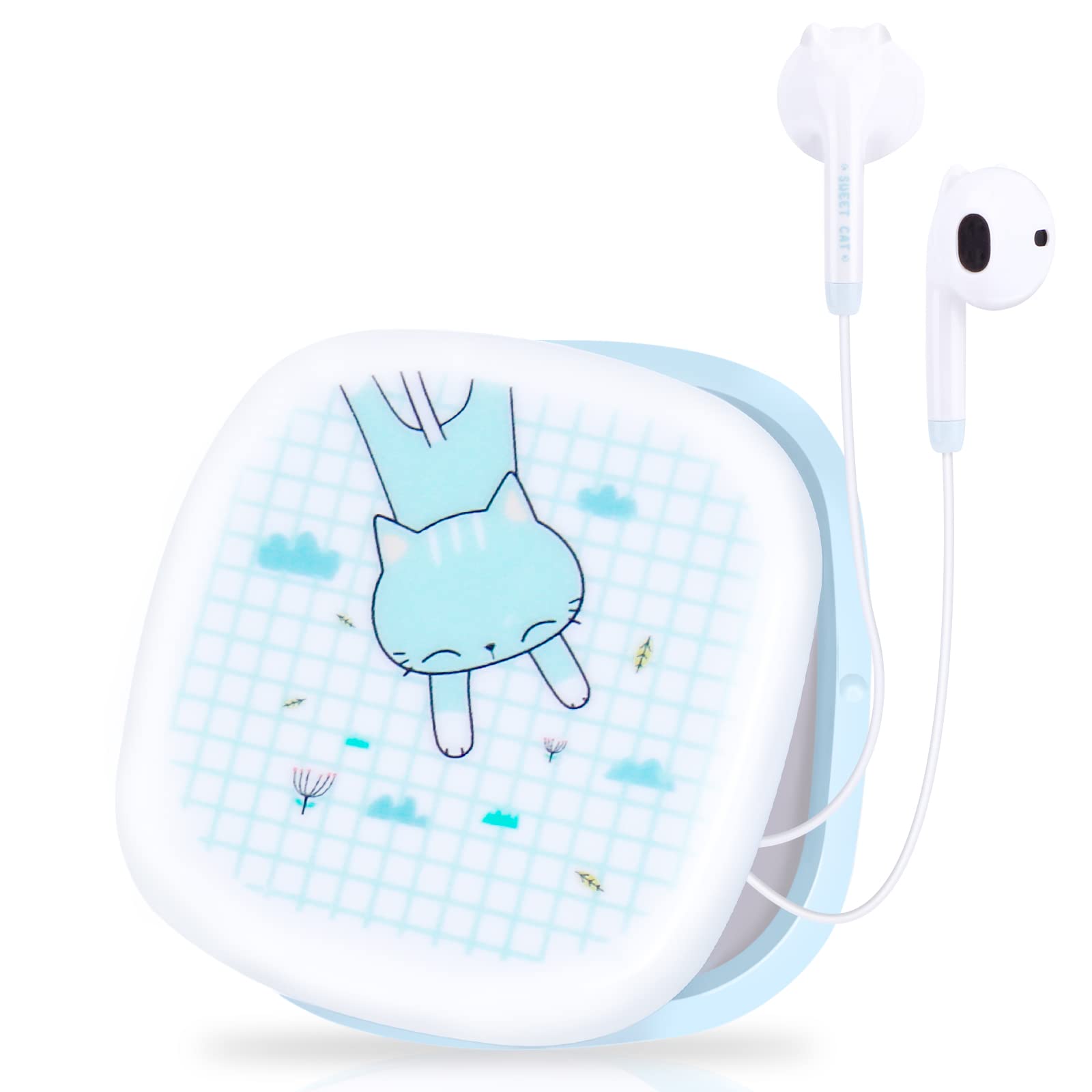 QearFun Cat Earbuds for Kids - Cute Wired Headphones with Microphone & Storage Case (Sky Blue) - Perfect for School, Travel, and Gift Giving for Girls and Boys