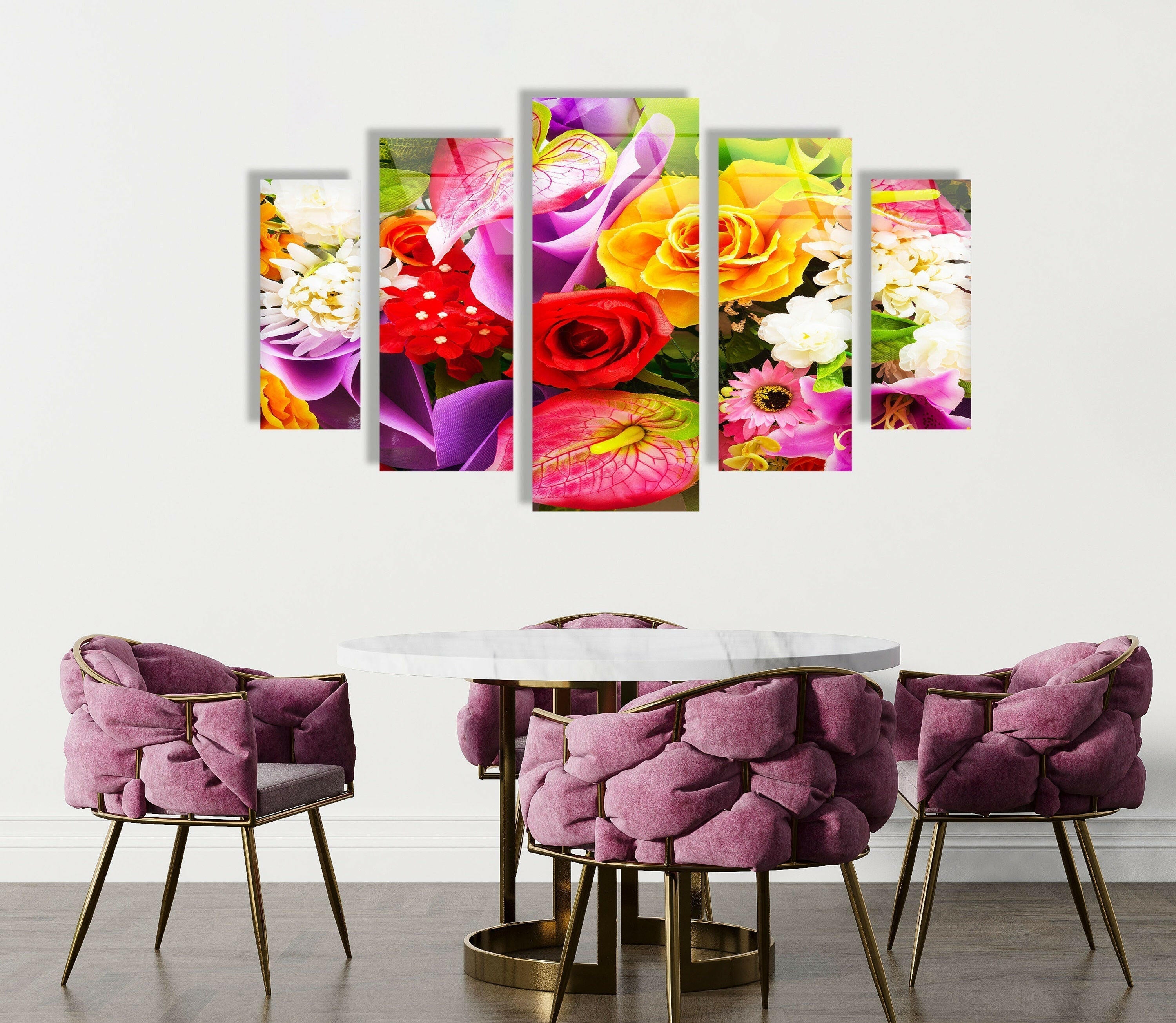 Vibrant Roses & Daisies Floral Glass Wall Art - Handmade Decorative Panel for Living Room, Bedroom, or Office Decor