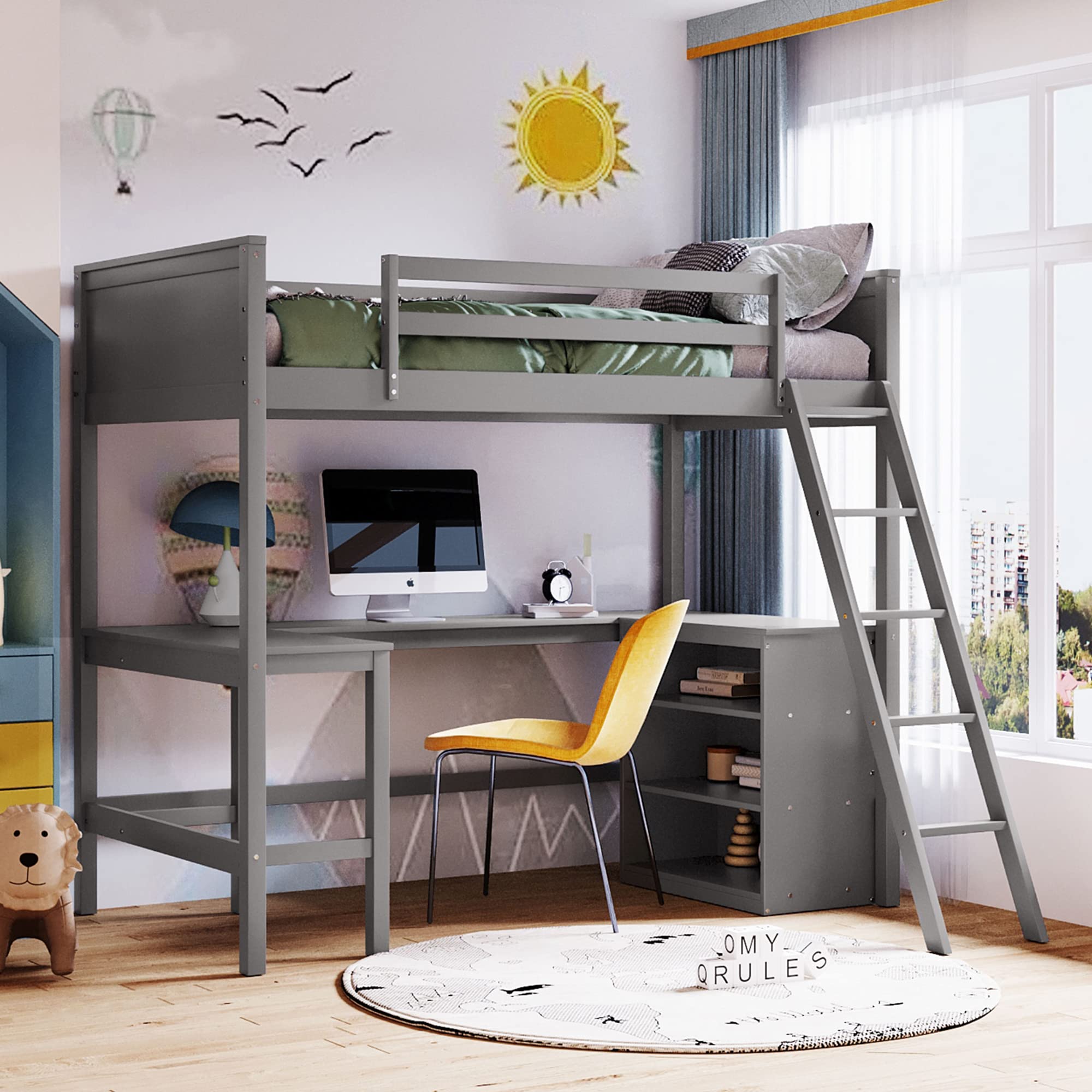 P PURLOVE Twin Loft Bed Frame with Shelves & Desk - Sturdy Wood Loft Bed for Teens, Kids, Boys & Girls - Space-Saving Design with Angled Ladder - No Box Spring Needed (Gray) - Perfect for Small Bedrooms, Dorms & Studio Apartments