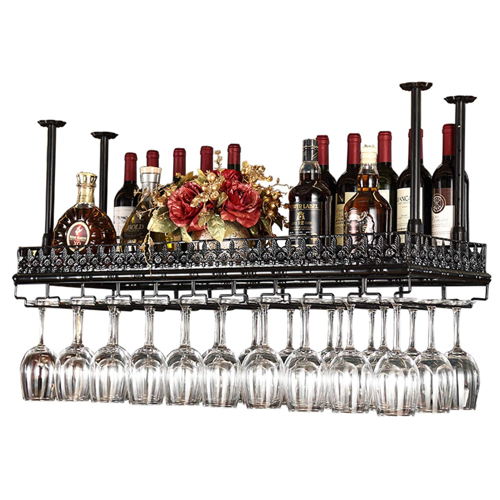 Vintage Metal Ceiling Wine Rack with Glass Shelf - Black Hanging Wine Bottle Storage Holder (150x35cm) for Bars, Restaurants & Home Decor - Perfect for Wine Display and Space Saving Organization
