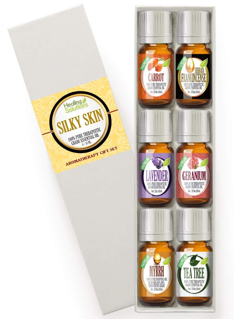 Healing Solutions Silky Skin Essential Oils Set - 6x10ml Aromatherapy Oils for Diffusers, Massage & Relaxation (Carrot, Frankincense, Lavender) - Perfect for Spa, Yoga & Home Fragrance