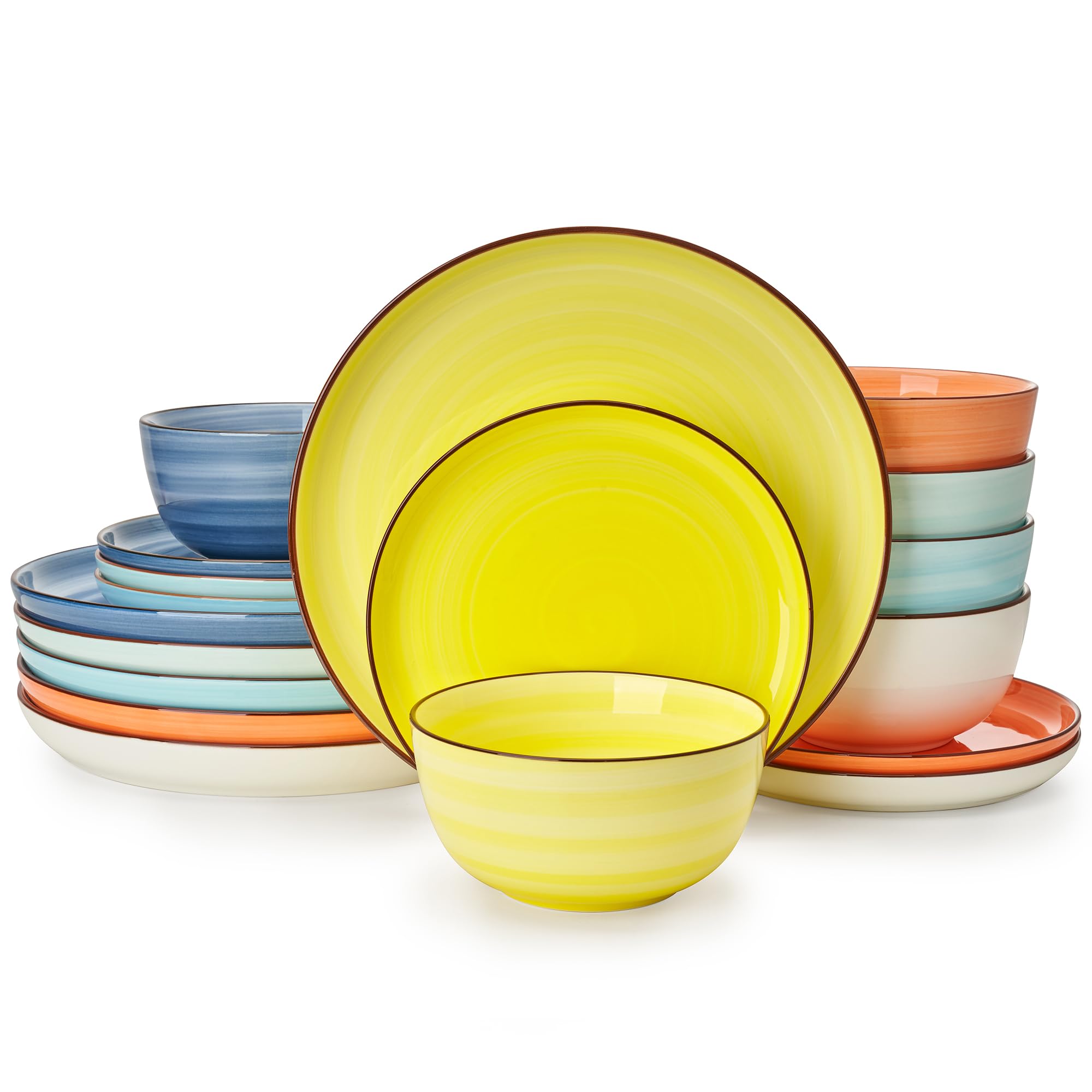 Sweese 18-Piece Porcelain Dinnerware Set - Round Plates and Bowls for 6, Microwave & Dishwasher Safe, Scratch-Resistant Hand-Painted Swirl Design (Assorted Colors) - Perfect for Family Dinners, Parties, and Everyday Use