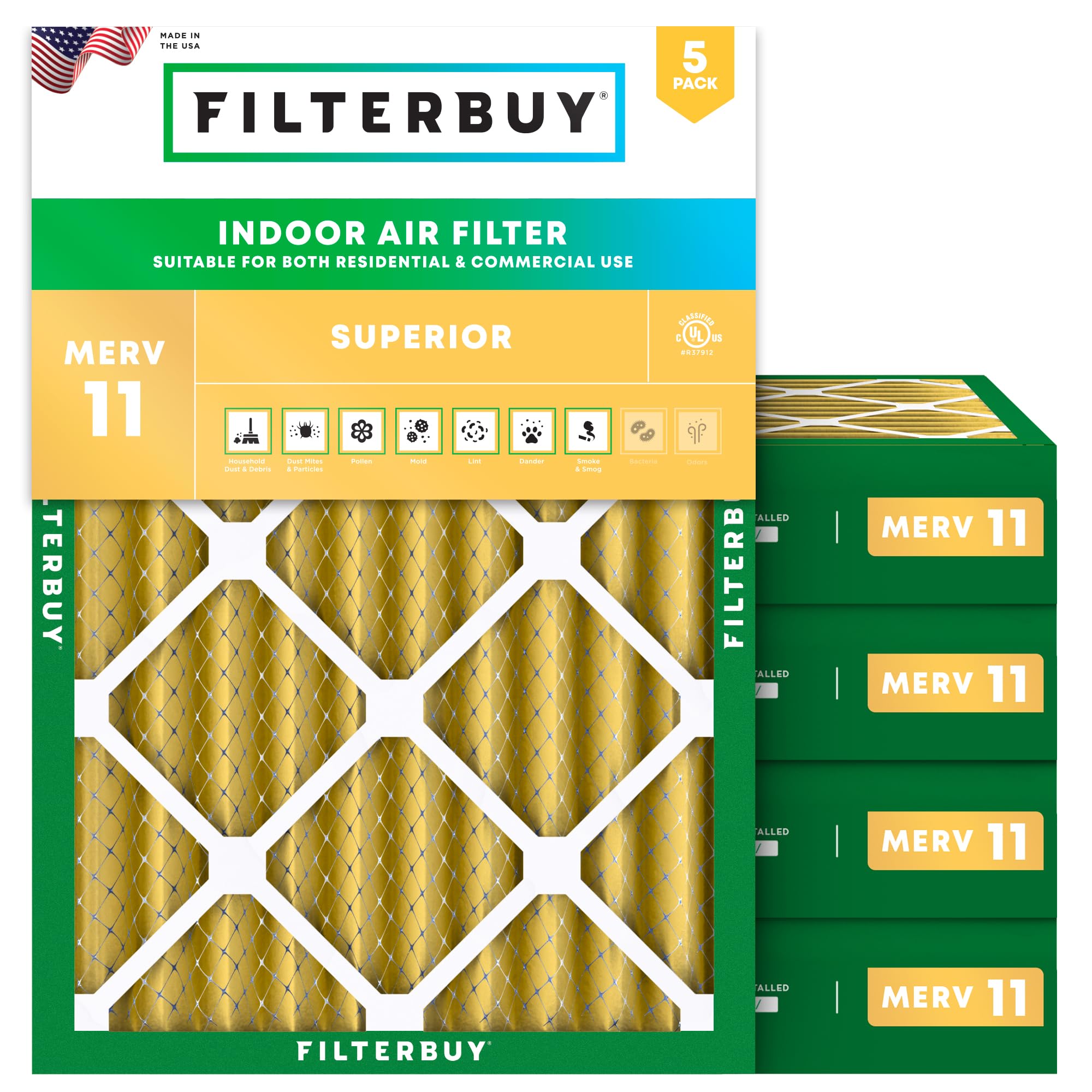 Filterbuy 16x20x4 MERV 11 Air Filter 5-Pack - Pleated HVAC Furnace AC Replacement Filters for Allergen Defense (Actual Size 15.5x19.5x3.63 Inches) - Ideal for Home, Office & Commercial Use