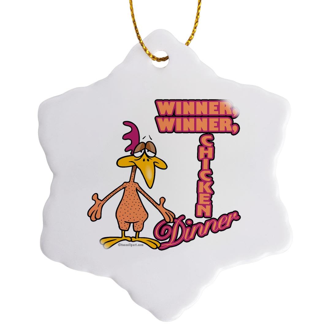 3 Inch Snowflake Porcelain Christmas Ornament - Funny Winner Winner Chicken Dinner Cartoon Design for Holiday Tree Decor, Gift Giving & Winter Home Decoration