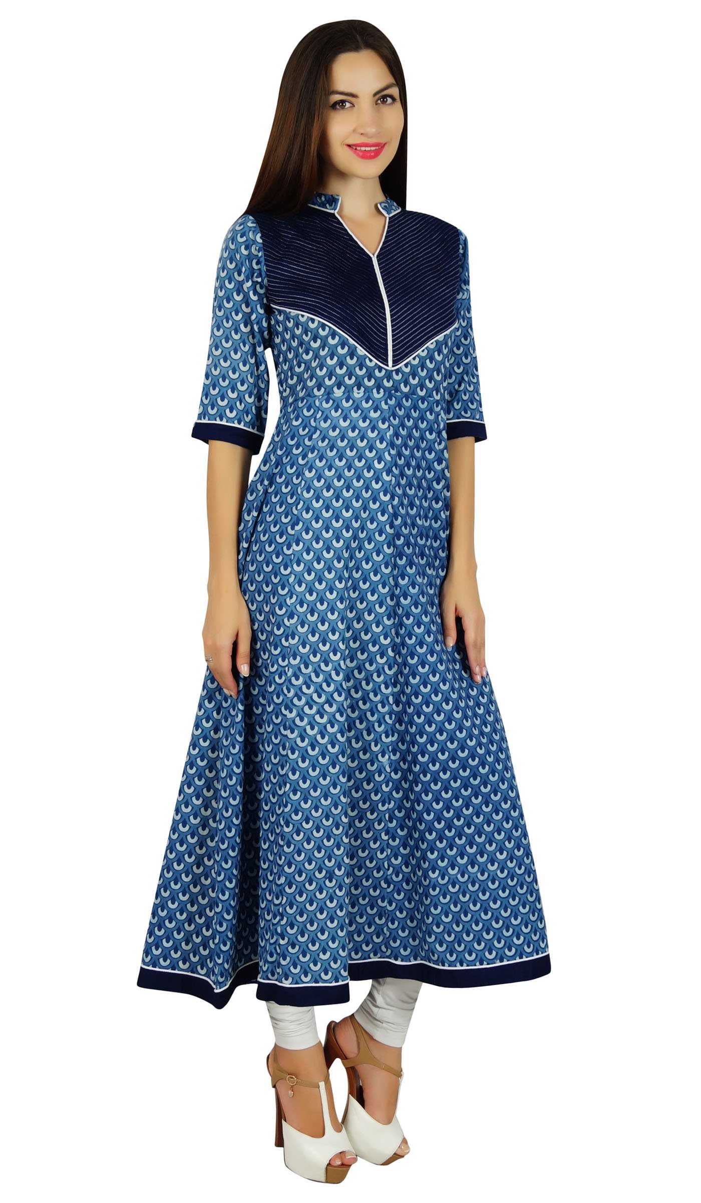 Bimba Women's Ethnic Printed Blue Anarkali Kurta - Block Print Designer Kurti for Casual Wear & Festive Occasions | Perfect for Diwali, Weddings & Cultural Events