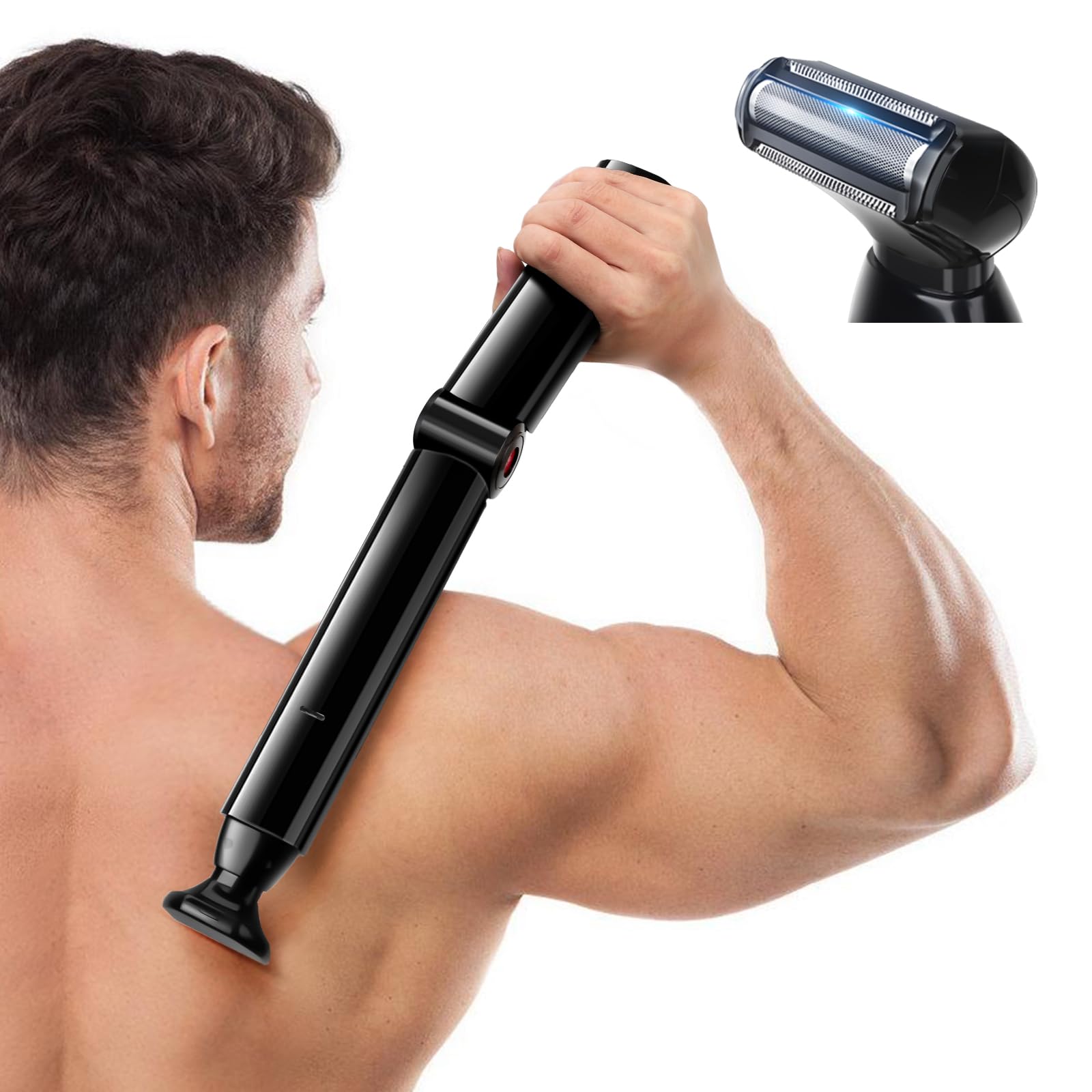 FERRISA Adjustable Back Shaver for Men with Curved Handle & 2 Shock Absorber Flex Heads - Body Groomer & Facial Razor Combo for Smooth Shaving at Home or Gym