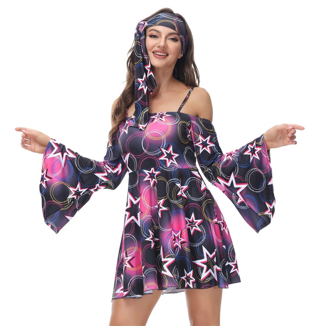 70s Disco Outfit for Women - Vintage Halloween Hippie Costume Dress | Perfect for 70s Theme Parties, Halloween, Disco Nights & Retro Events