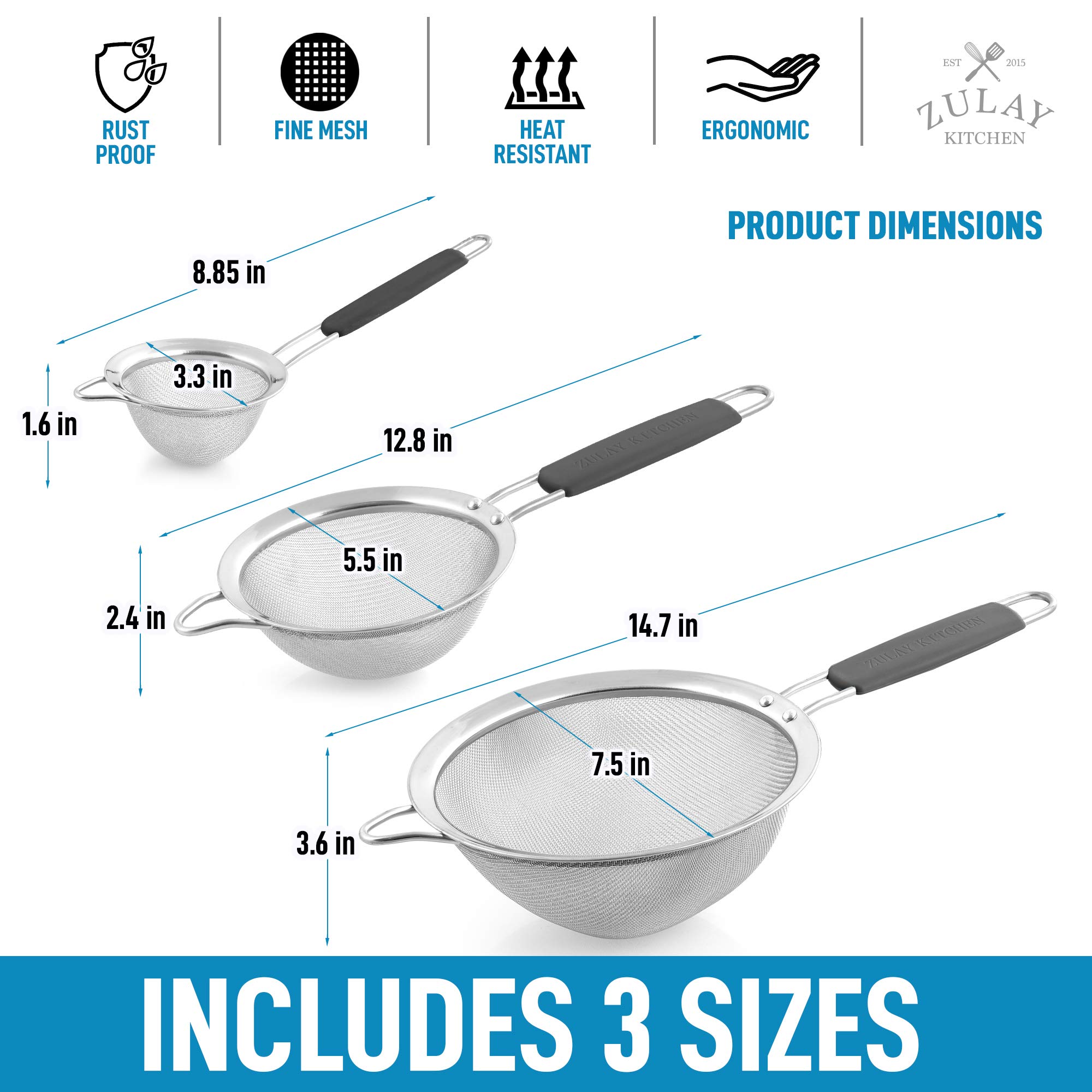 Premium Stainless Steel Fine Mesh Strainer Set (3-Piece) - Non-Slip Handles for Kitchen Use