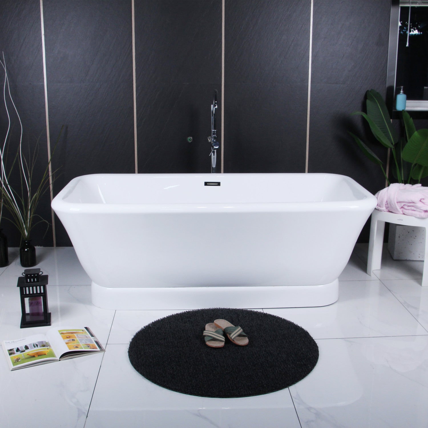 Aqua Eden VTDE713524WA 71 Inch White Acrylic Oval Rectangular Double-Ended Pedestal Bathtub with Drain - No Faucet Drillings - Glossy Finish for Luxury Bathroom & Spa Relaxation