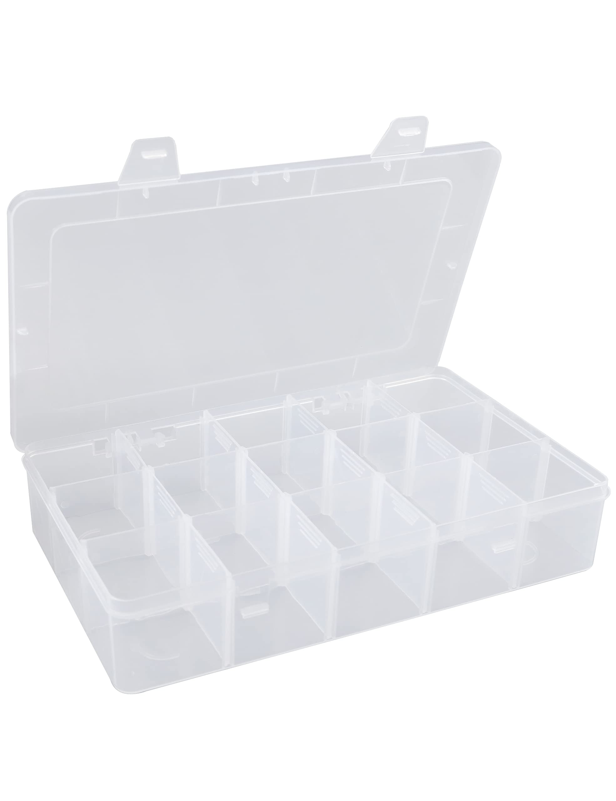 Clear Plastic Organizer Box with 15 Large Dividers - Bead Storage, Tackle Box & Snack Container for Crafts, Fishing & Kitchen Organization