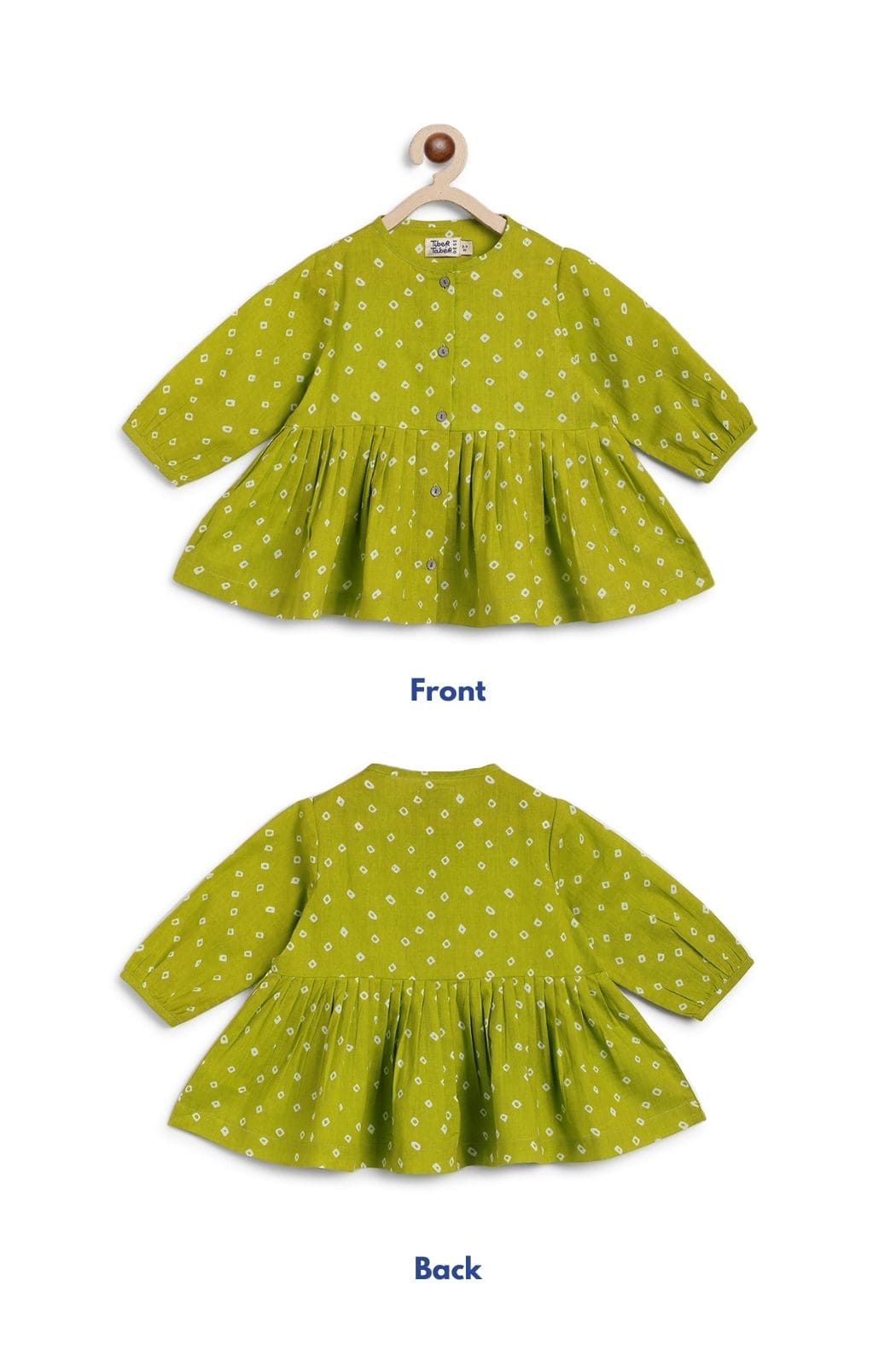Pre-Order Girls Bandhani Polka Dot Top Set in Green - Stylish Indian Ethnic Wear for Parties & Festivals
