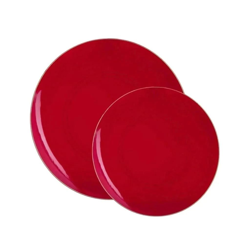 Eco-Friendly Red & Gold Rim Round Plastic Plates - 12-Pack Disposable Dinner Plates for Parties, Picnics & Events - BPA-Free & Organic Tableware